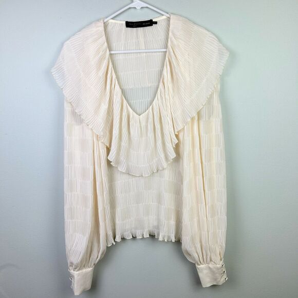 House of Harlow Revolve Piper Blouse Ivory Long Sleeve Sheer Ruffle Pleat Top L - Picture 2 of 13